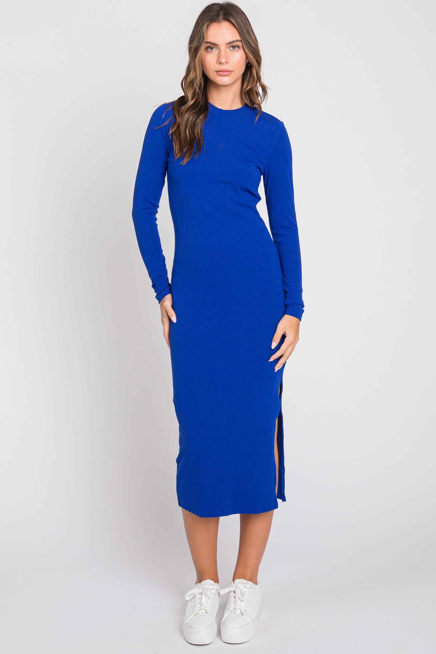 Royal Blue Ribbed Mock Neck Long Sleeve Maternity Midi Dress