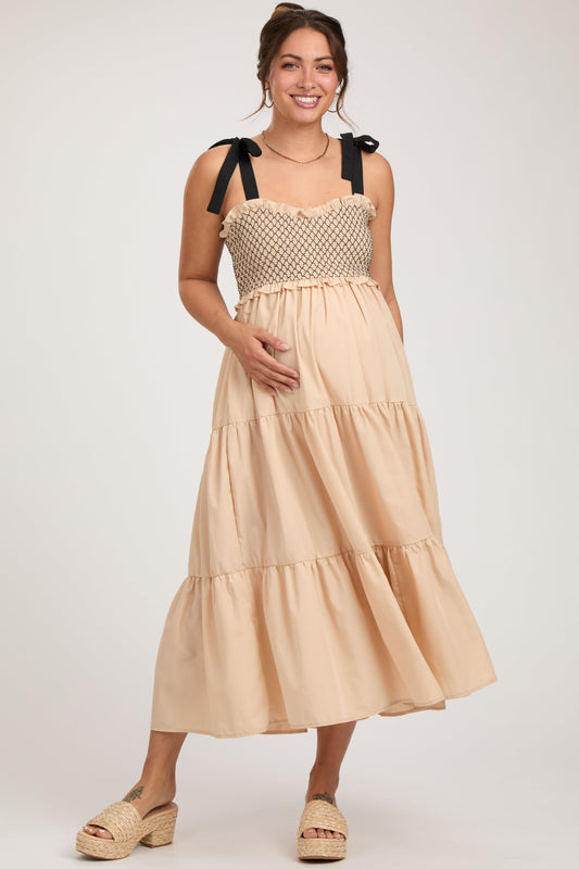 Beige Sleeveless Tiered Colorblock Strap Maternity Maxi Dress