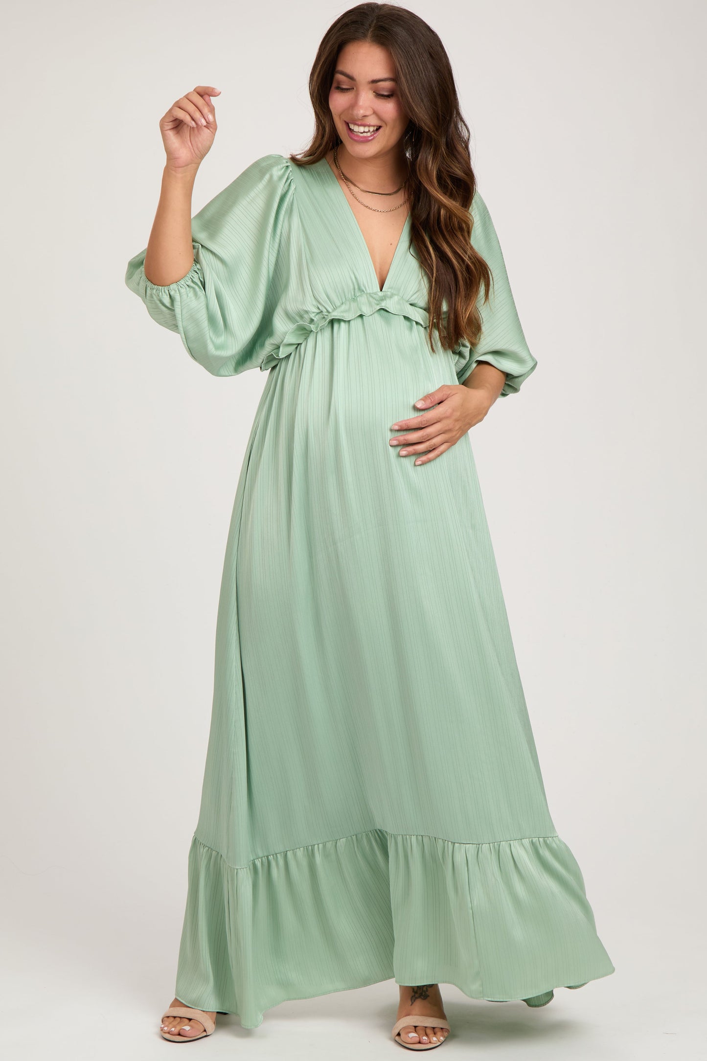 Mint Striped Ruffle Accent Maternity Maxi Dress