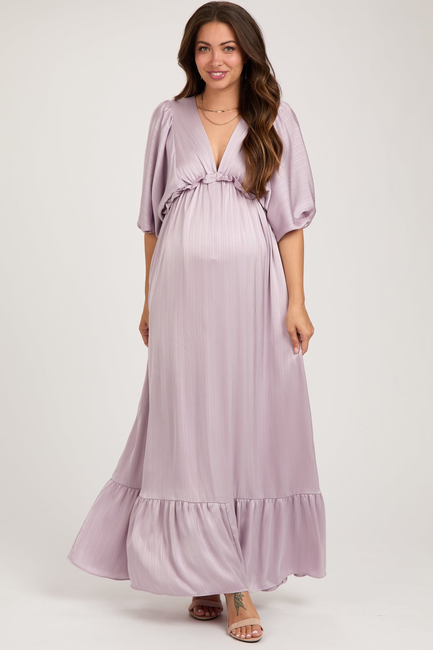 Lavender Striped Ruffle Accent Maternity Maxi Dress