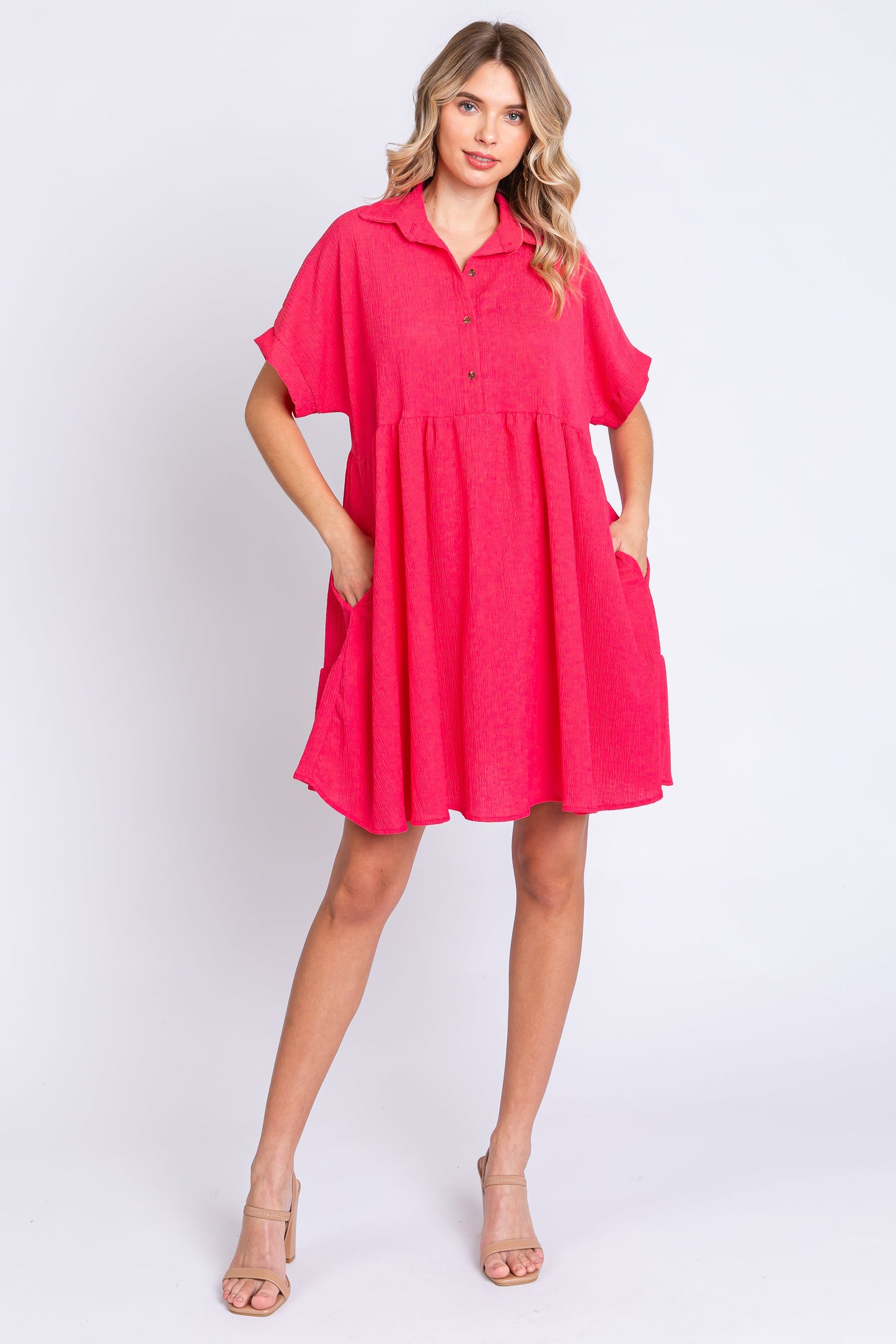 Coral Collared Button Front Short Sleeve Dress