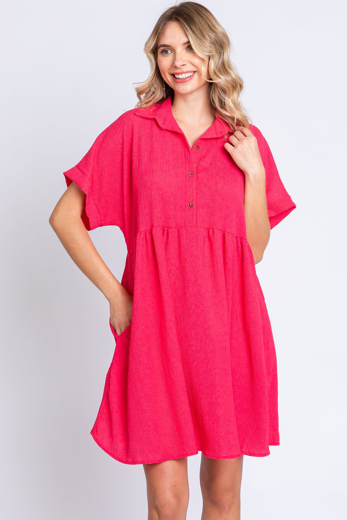 Coral Collared Button Front Short Sleeve Dress