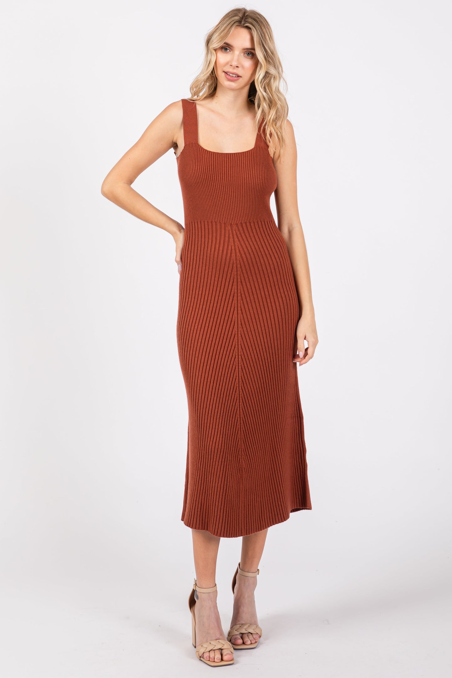 Rust Sweater Knit A-Line Maternity Midi Dress