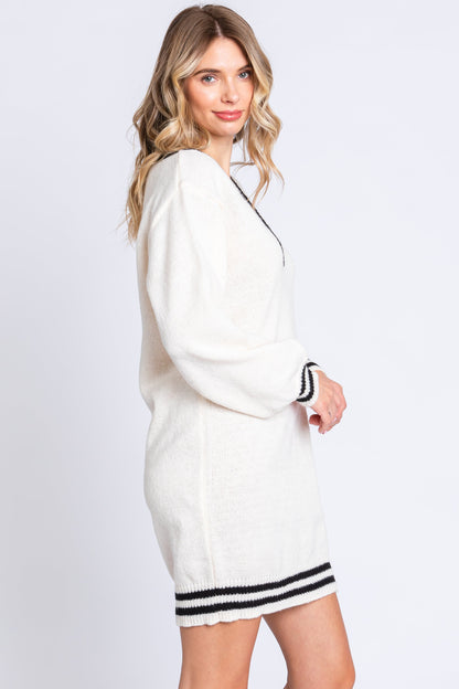 Ivory Oversized Varsity Striped V-Neck Sweater Dress