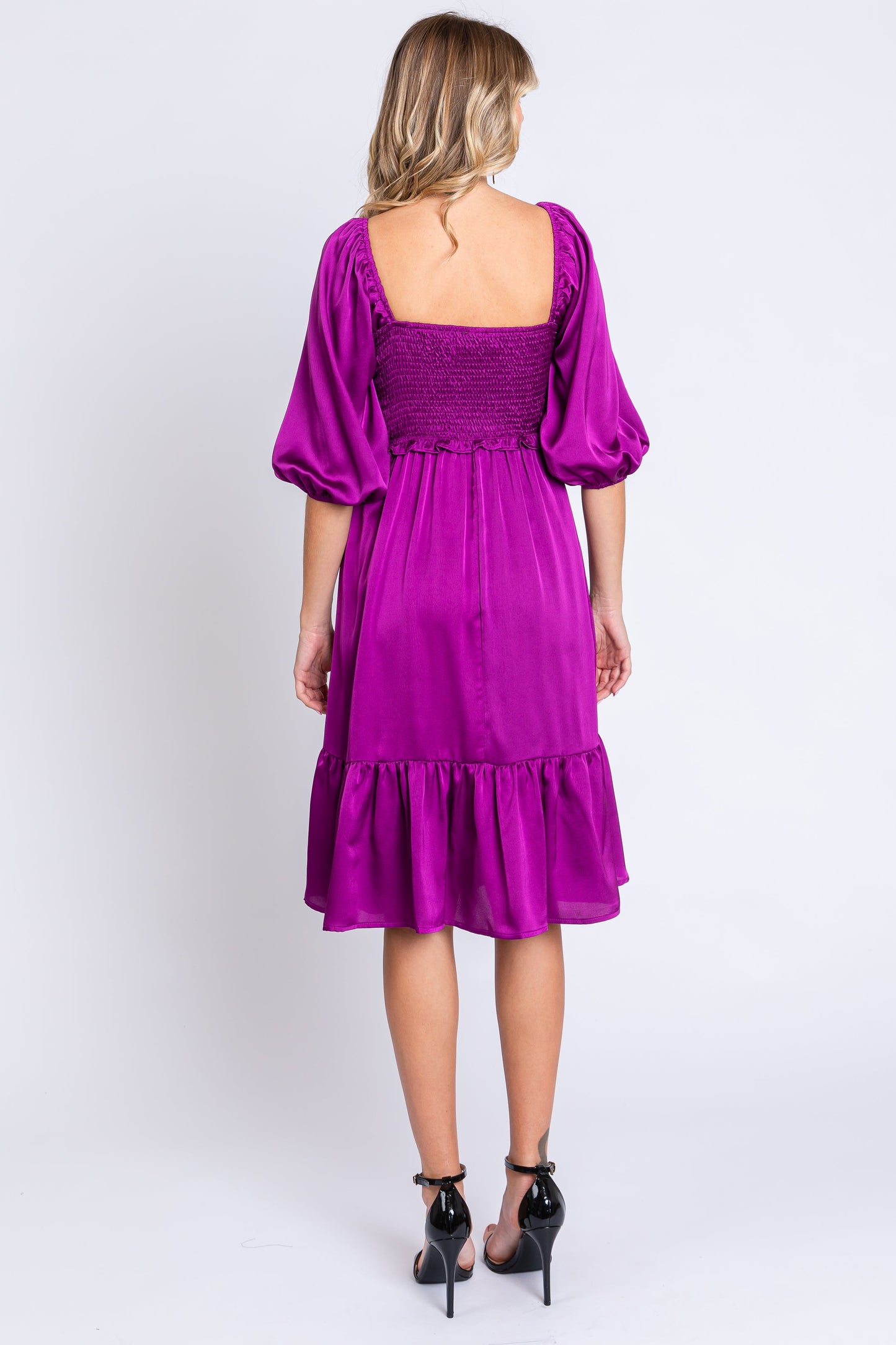 Plum Satin Smocked Ruffle Hem Dress