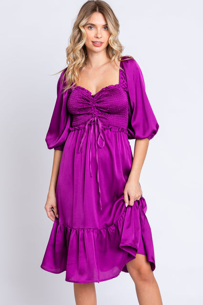 Plum Satin Smocked Ruffle Hem Dress