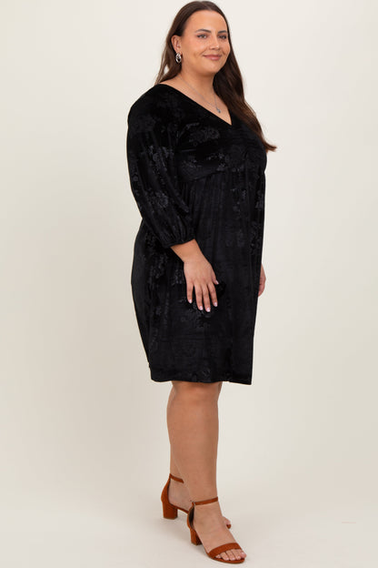 Black Velvet Floral Ruched Neck Plus Dress