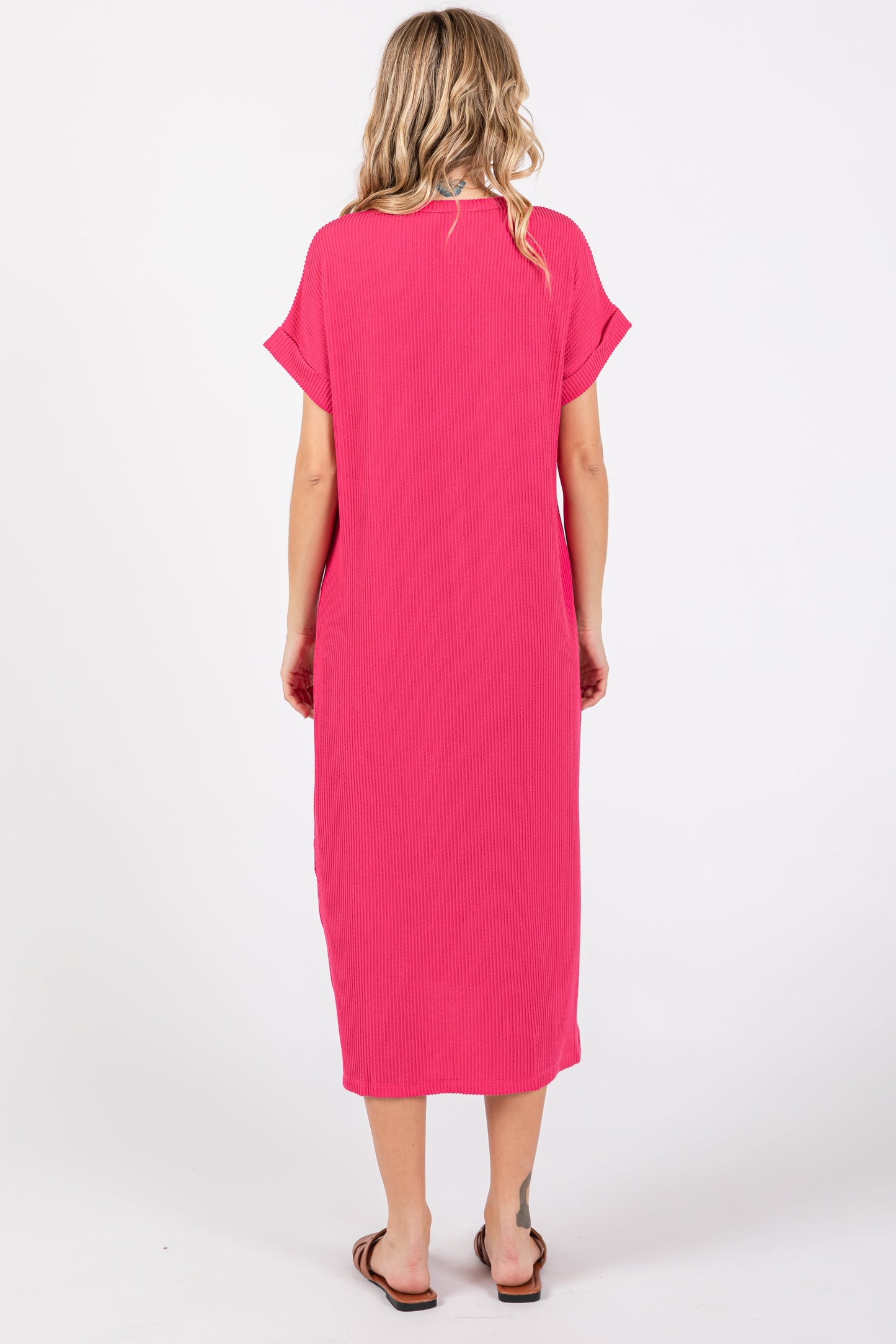 Fuchsia Ribbed Short Sleeve Midi Dress