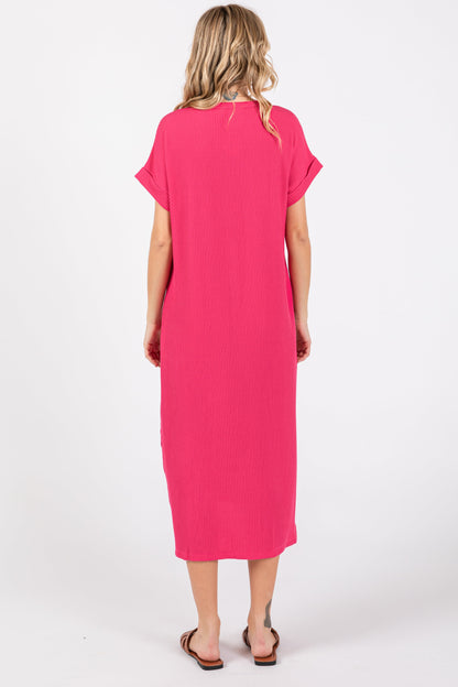 Fuchsia Ribbed Short Sleeve Midi Dress