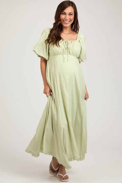 Light Olive Front Tie Puff Sleeve Maternity Maxi Dress