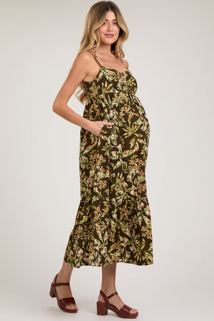 Brown Floral Sleeveless Front Cinched Maternity Midi Dress