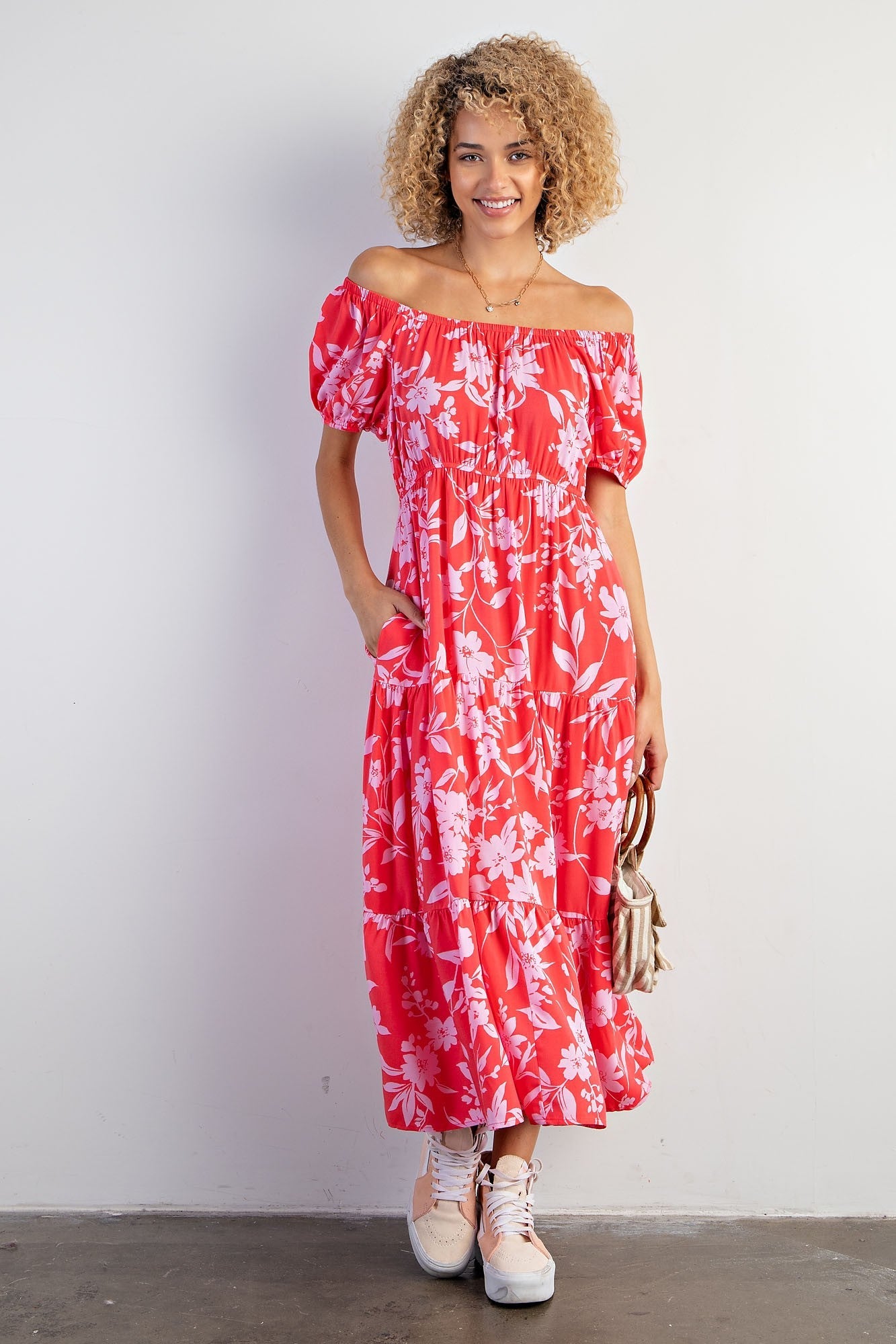 Coral Floral Off Shoulder Puff Sleeve Maternity Midi Dress