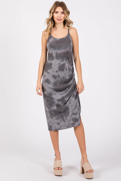 Charcoal Tie Dye Waffle Knit Side Ruched Midi Dress