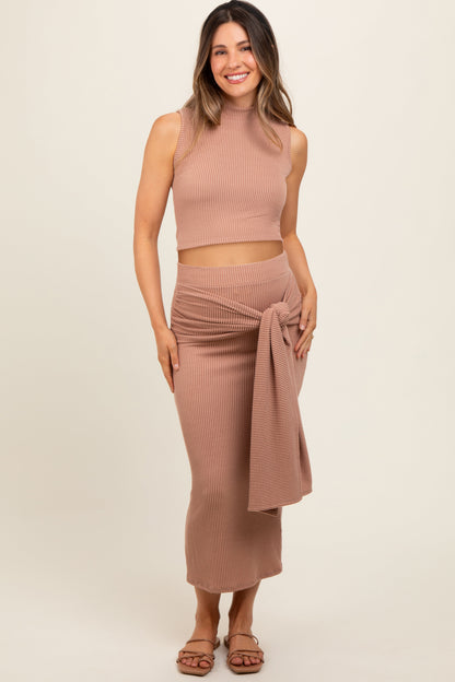 Mocha Ribbed Crop Front Knot Midi Skirt Maternity Set