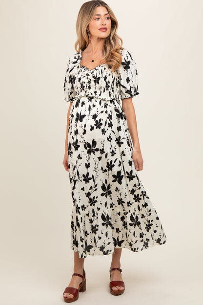 Cream Floral Puff Sleeve Maternity Midi Dress