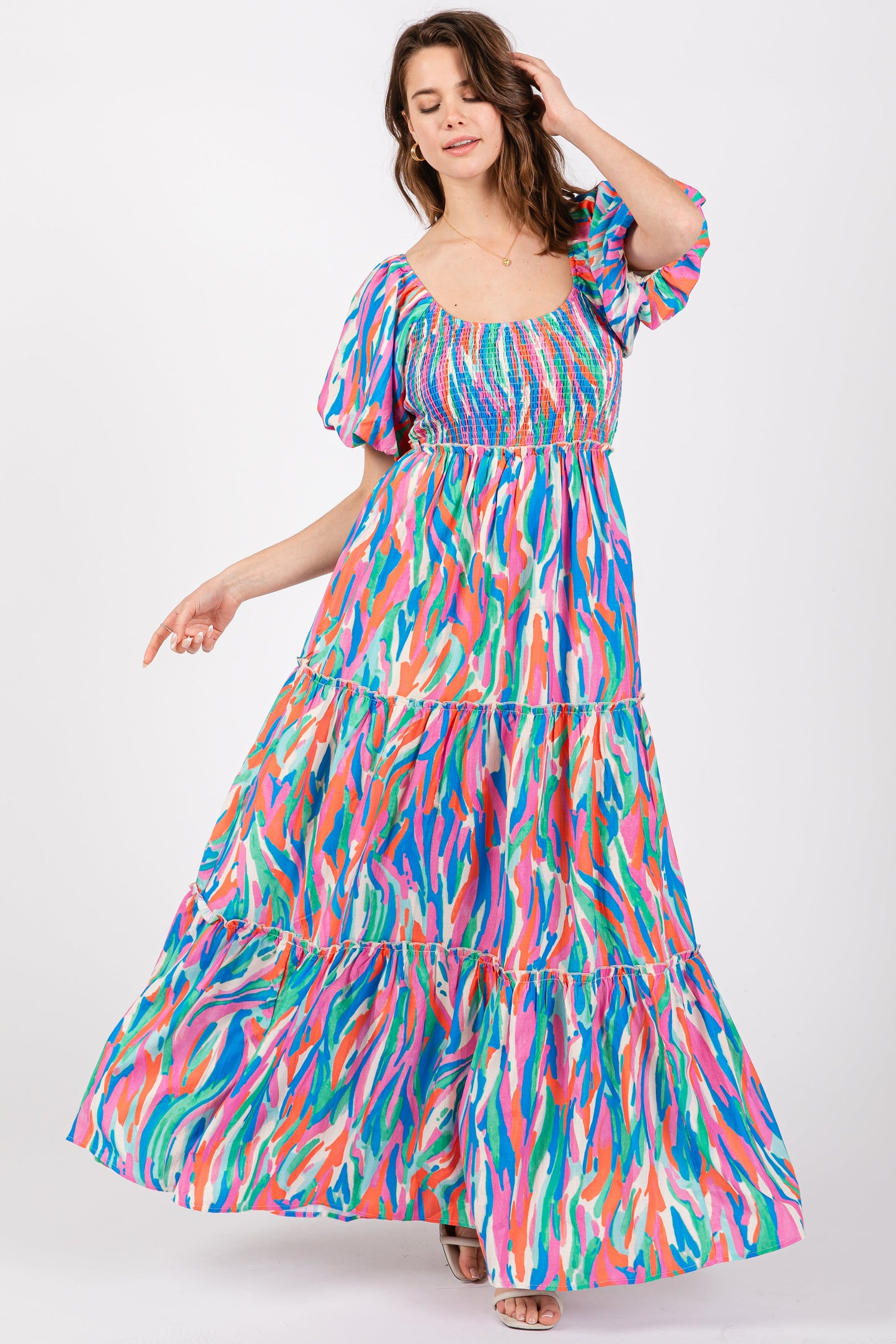 Blue Multi Color Print Puff Sleeve Maternity Maxi Dress
