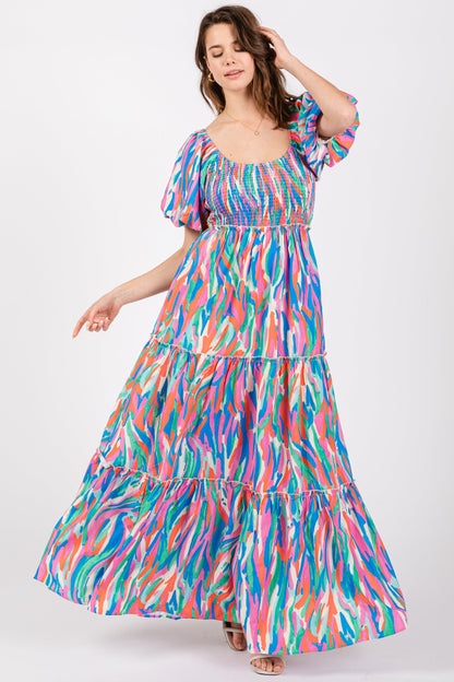 Blue Multi Color Print Puff Sleeve Maternity Maxi Dress