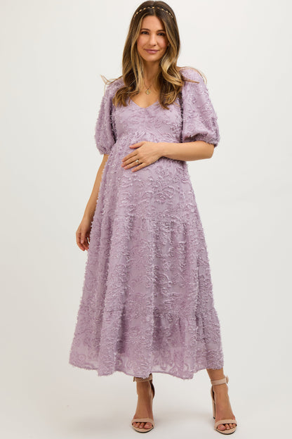 Lavender Fringe Textured Short Puff Sleeve Maternity Midi Dress