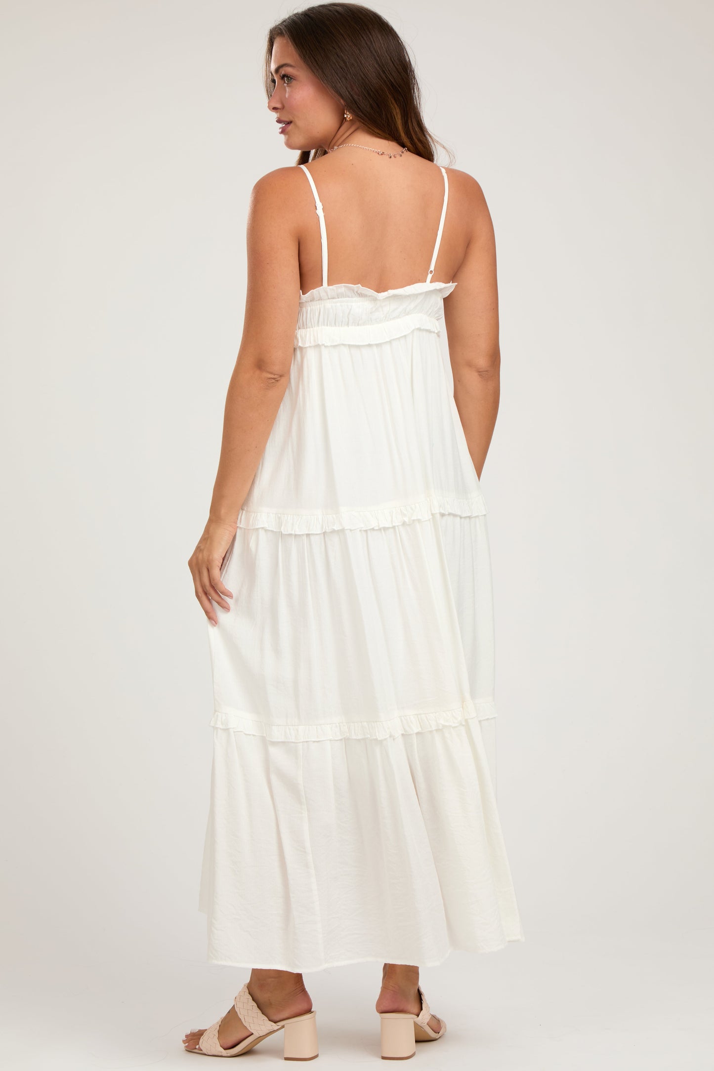 Cream Striped Ruffle Tiered Maternity Maxi Dress