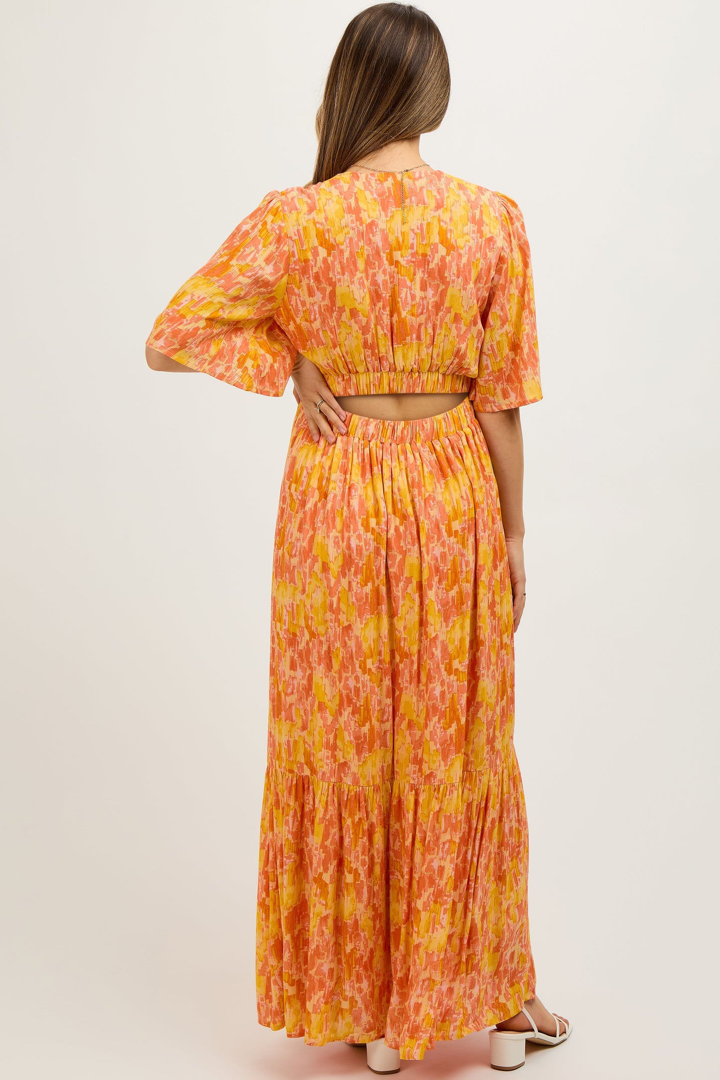 Orange Print Back Cutout Maternity Maxi Dress