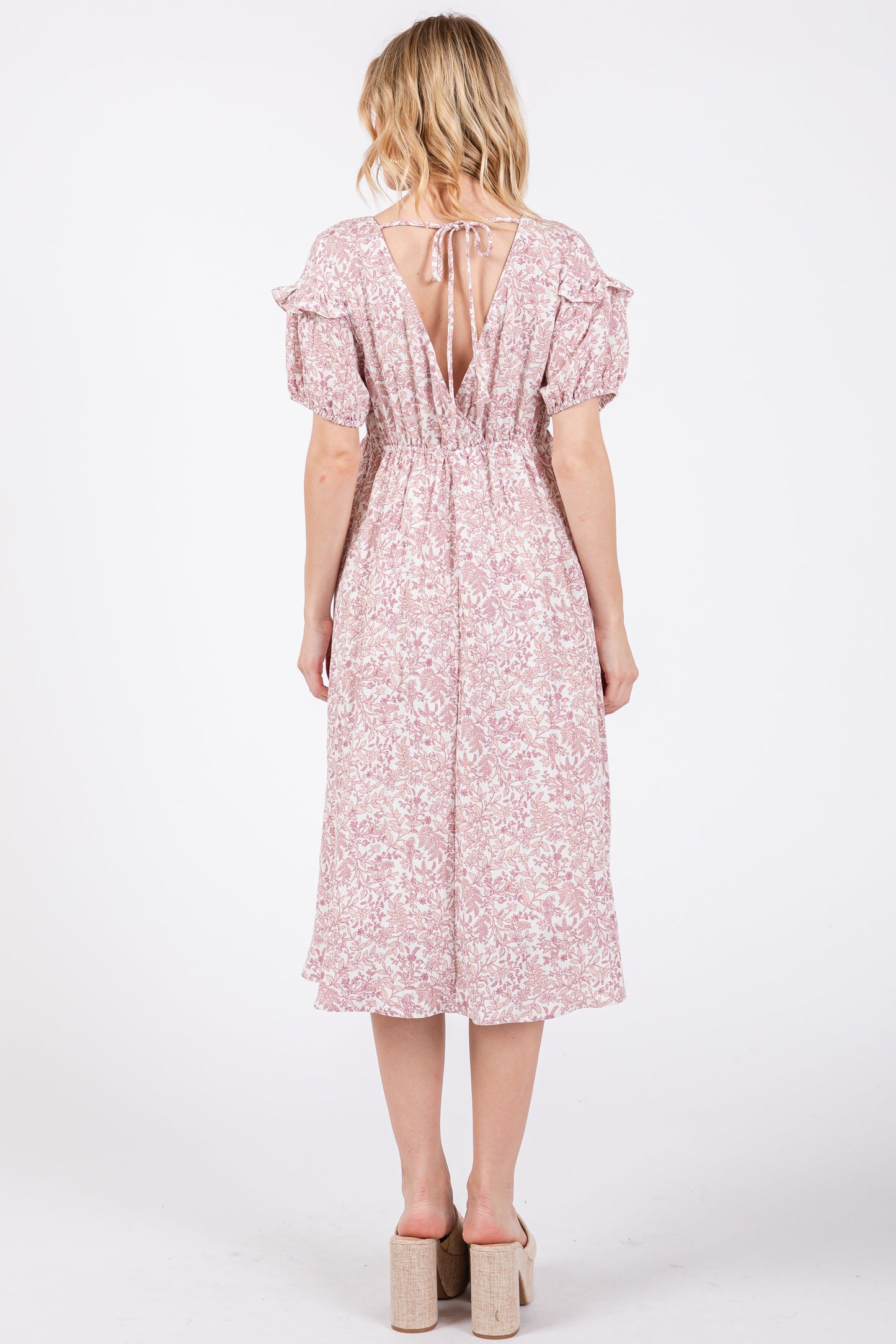 Pink Floral Tie Back Midi Dress