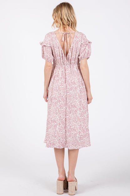 Pink Floral Tie Back Midi Dress