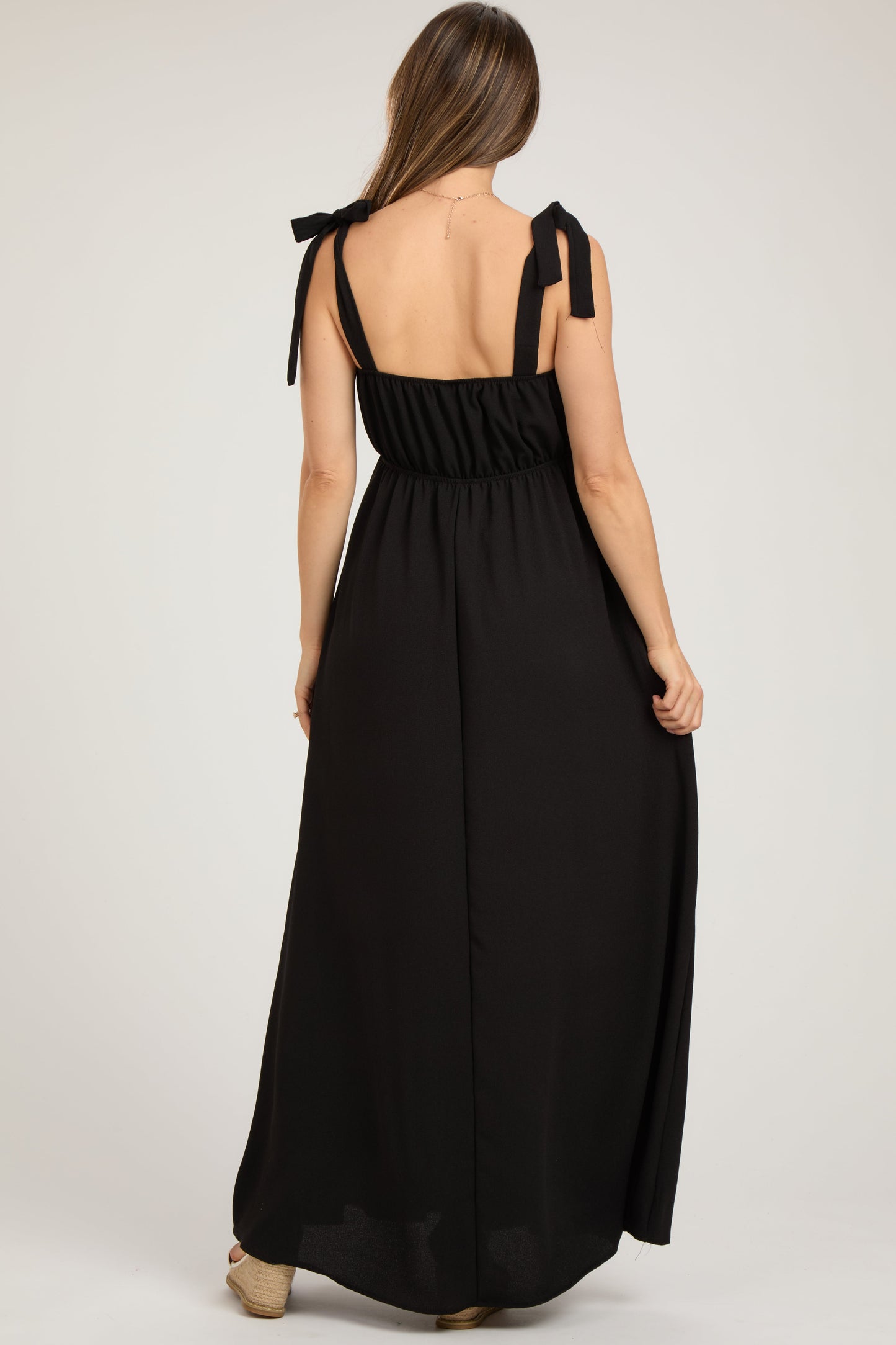 Black Square Neck Shoulder Tie Maternity Maxi Dress