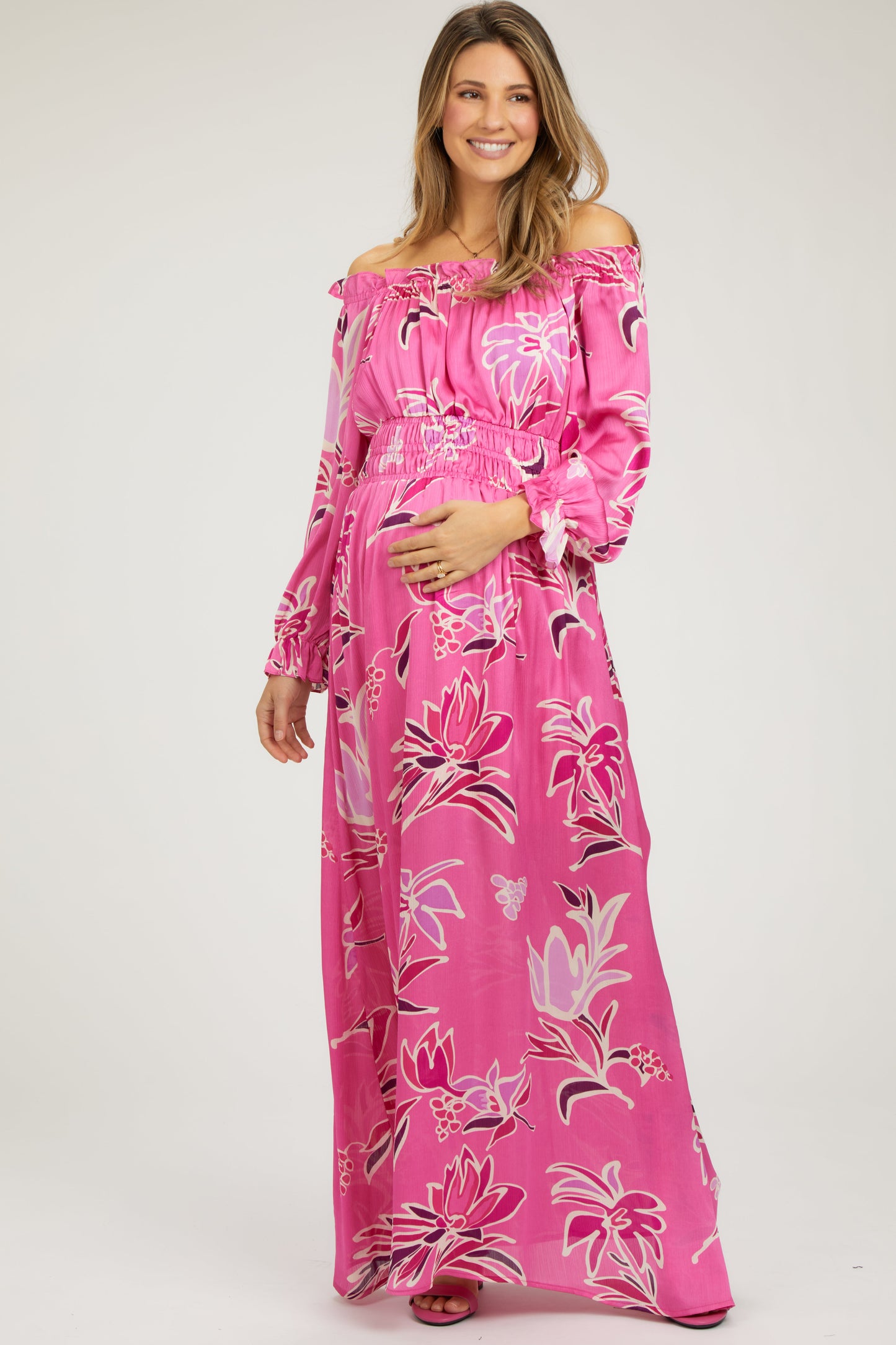 Fuchsia Floral Ruffle Neck Maternity Maxi Dress