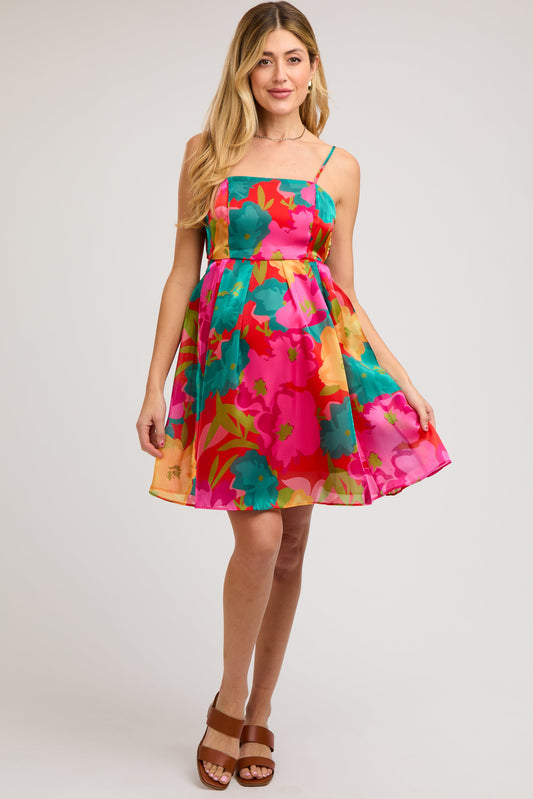 Red Floral Organza Square Neck Back Tie Maternity Dress