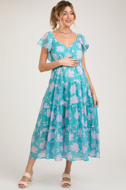 Blue Floral Flutter Sleeve Tiered Maternity Maxi Dress