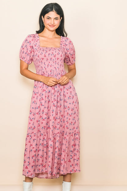 Pink Floral Smocked Short Sleeve Midi Dress