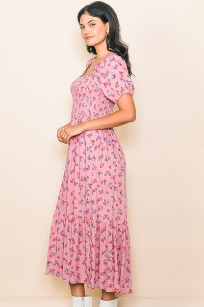 Pink Floral Smocked Short Sleeve Midi Dress