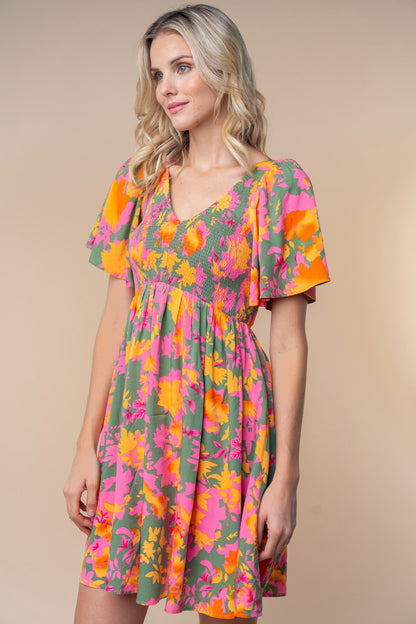 Olive Leaf Print Smocked V-Neck Dress
