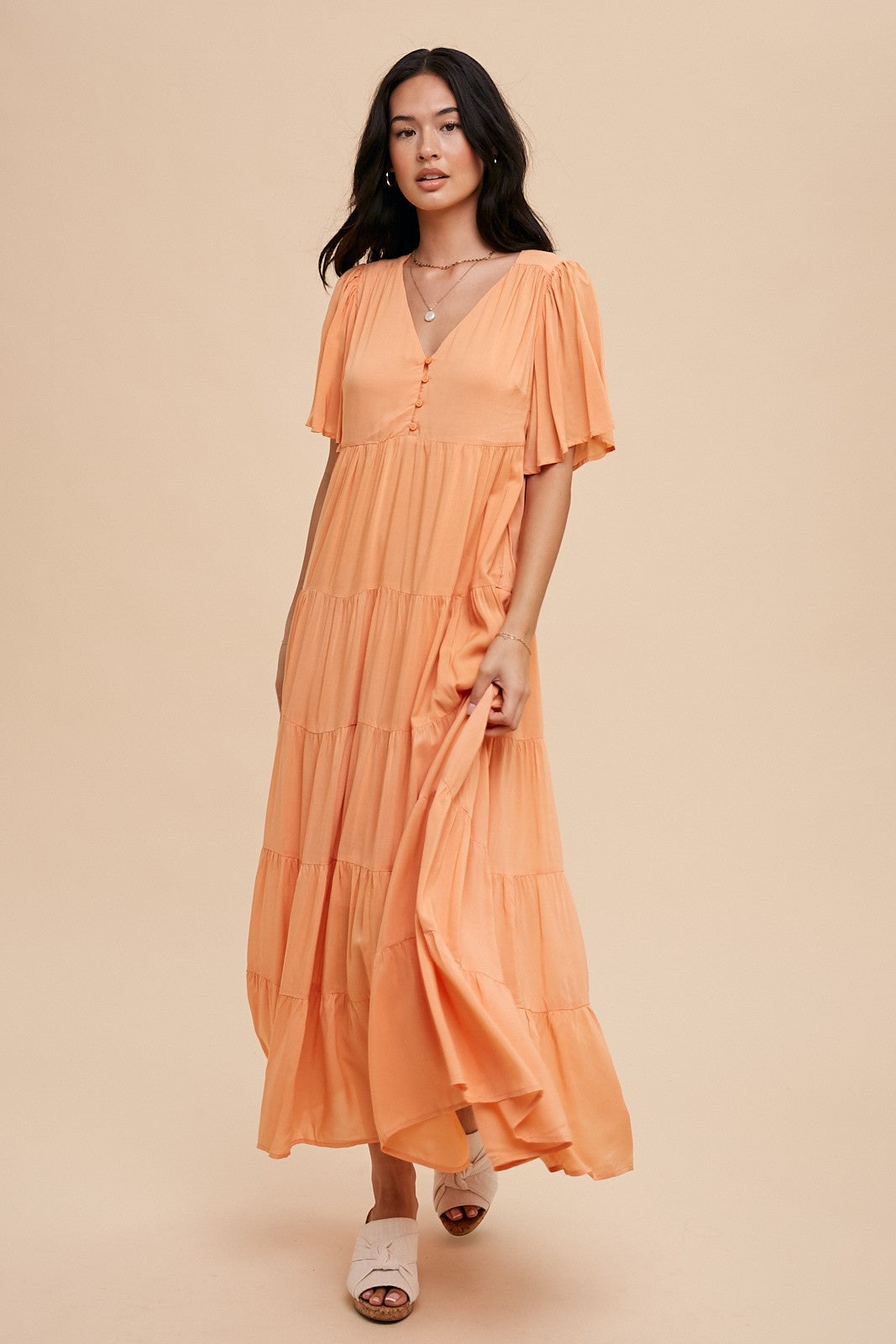 Orange Button Detail Tiered Maxi Dress