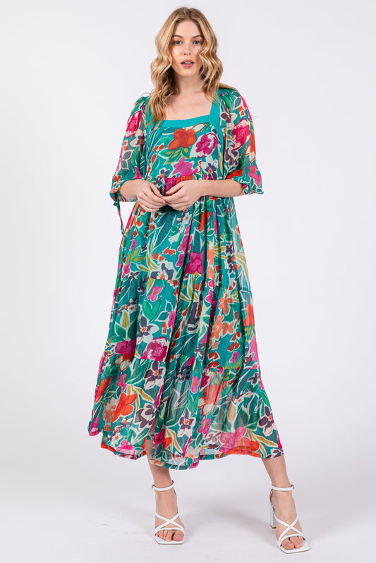 Turquoise Floral Half-Length Sleeve Tie Midi Dress