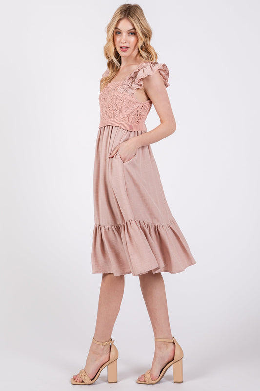 Mauve Crochet Knit Knee Length Dress