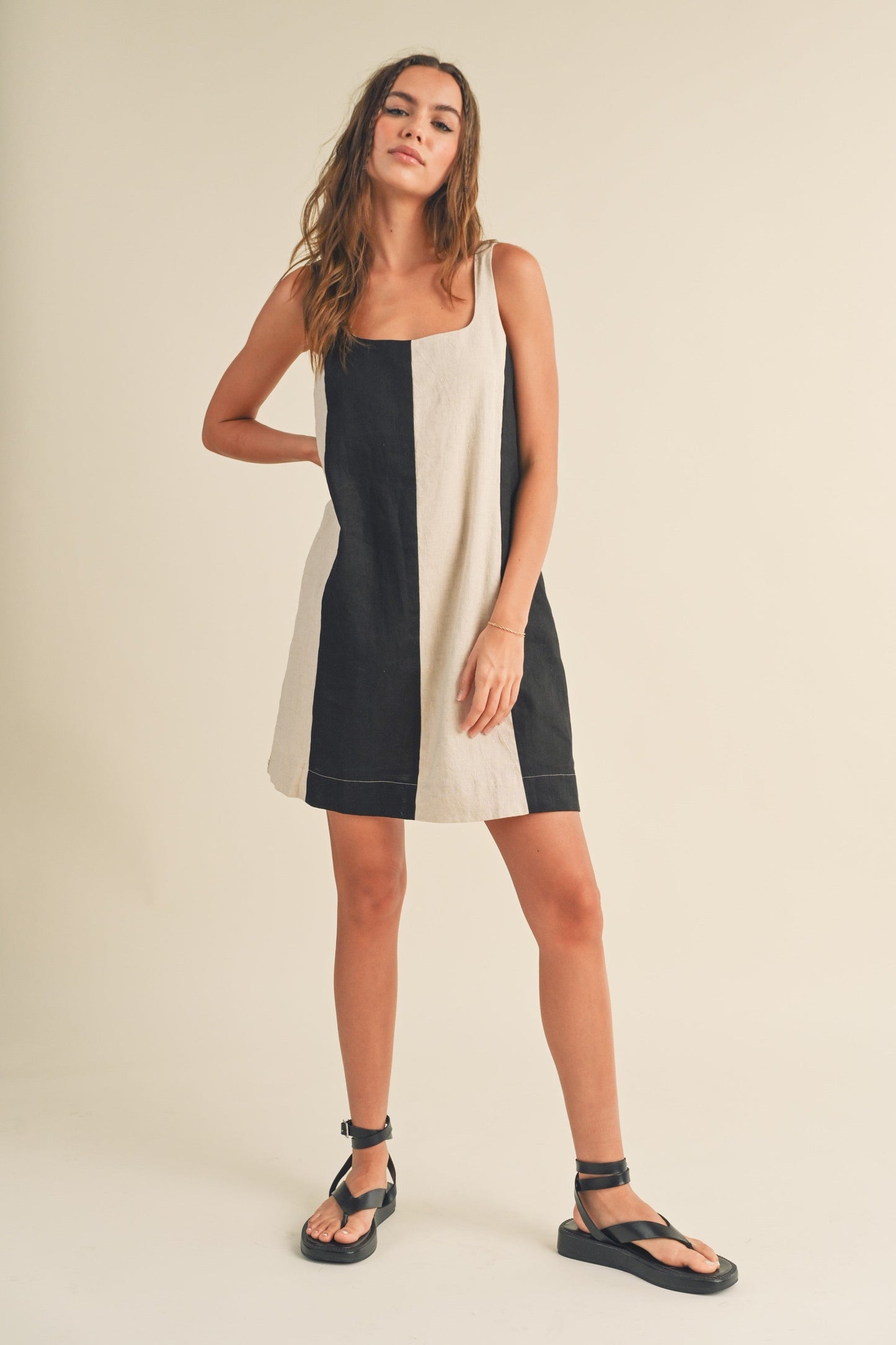 Black Color Block Linen Sleeveless Maternity Dress
