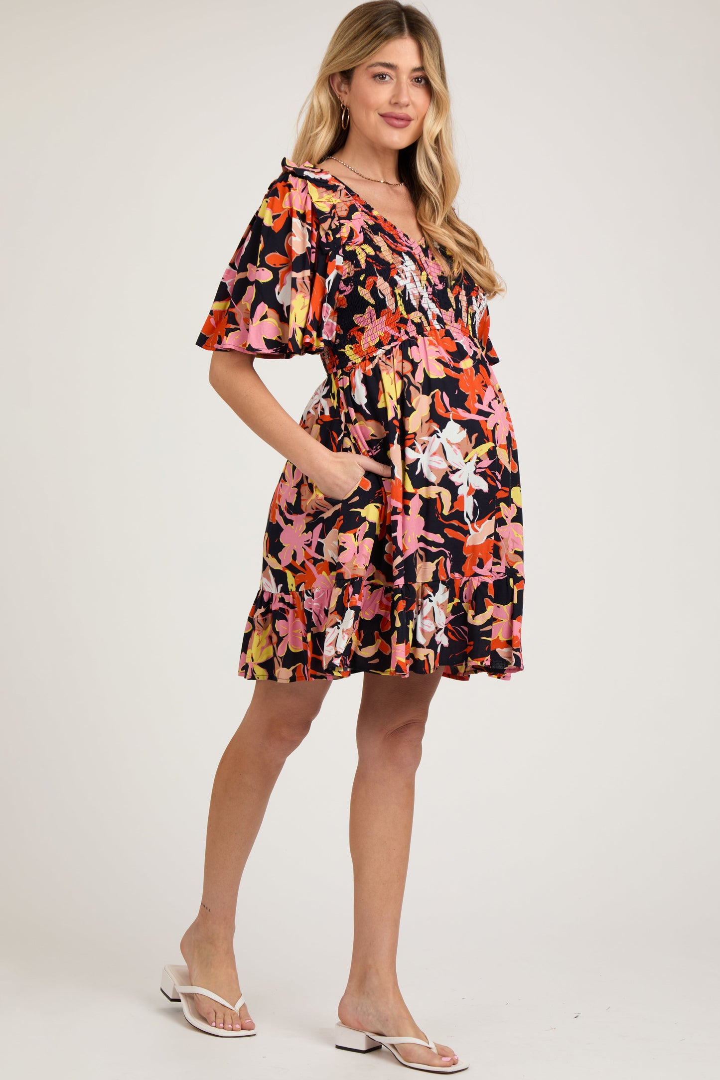 Navy Floral Smocked Ruffle Hem Maternity Dress
