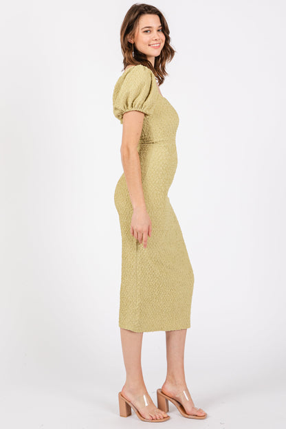 Lime Popcorn Textured Short Puff Sleeve Midi Dress