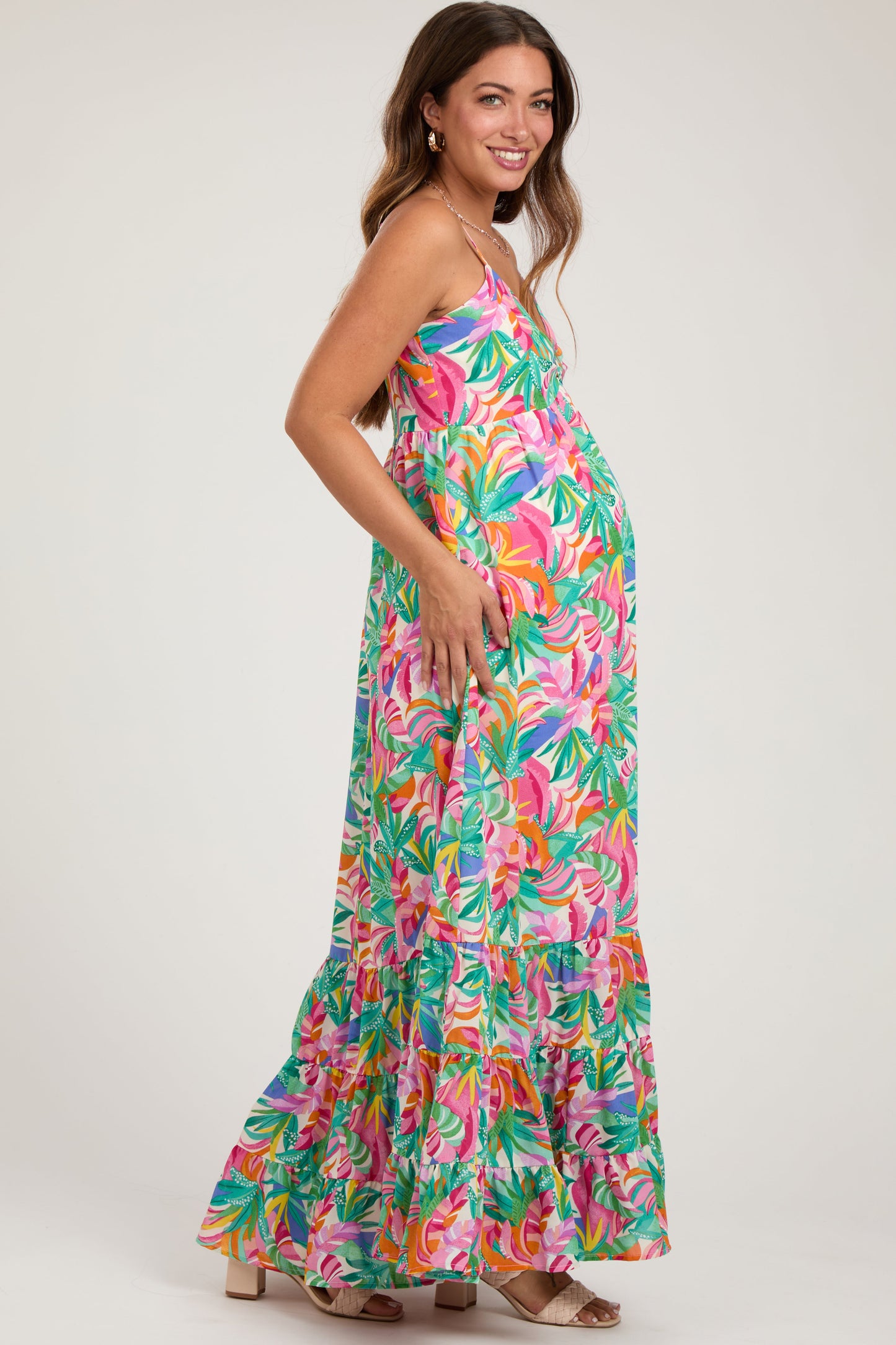 Green Floral Sleeveless Ruffle Hem Maternity Maxi Dress