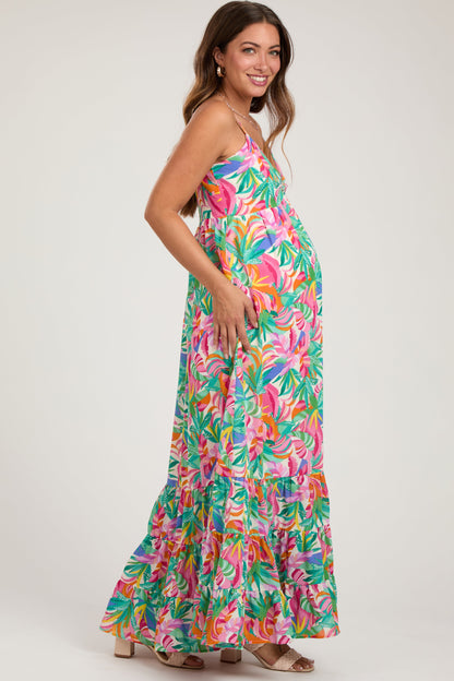 Green Floral Sleeveless Ruffle Hem Maternity Maxi Dress