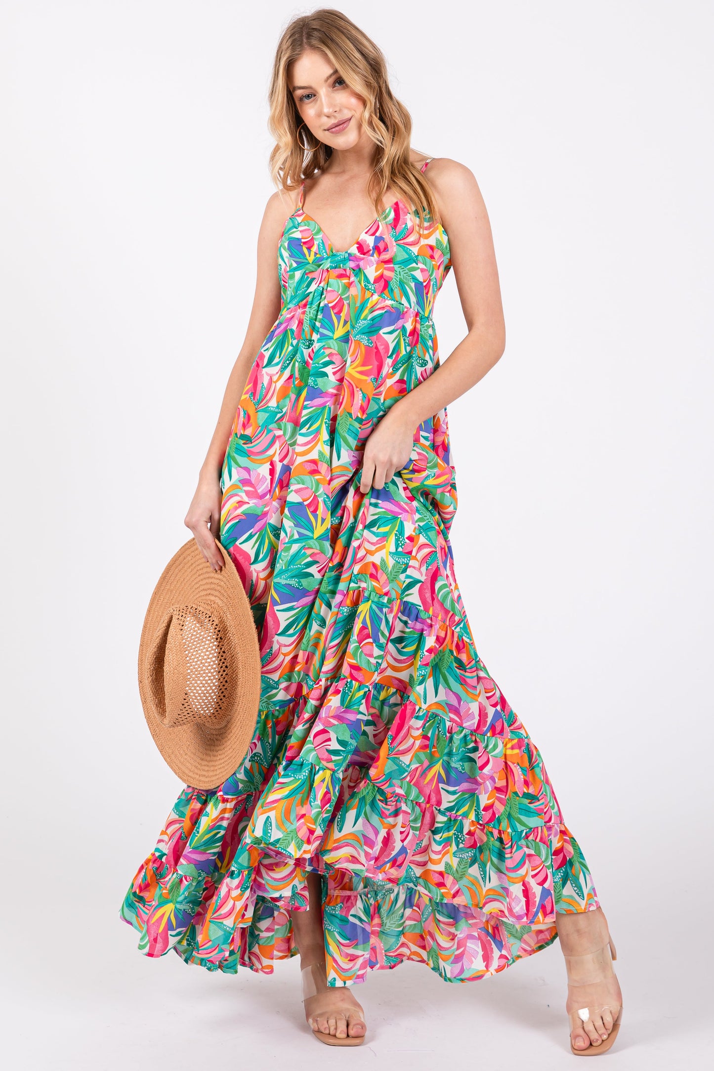 Green Floral Sleeveless Ruffle Hem Maternity Maxi Dress