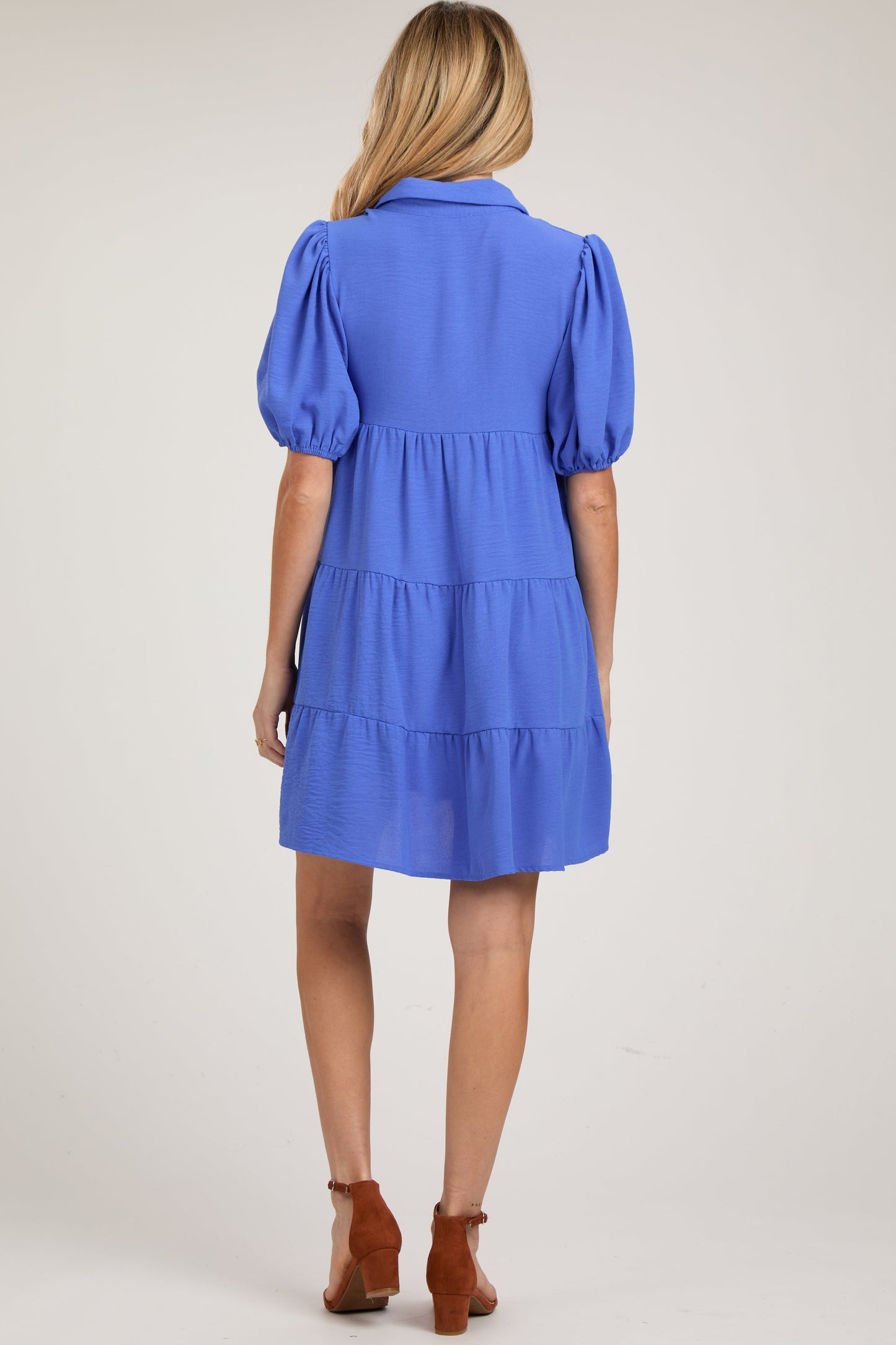 Blue Button Front Tiered Collared Maternity Dress