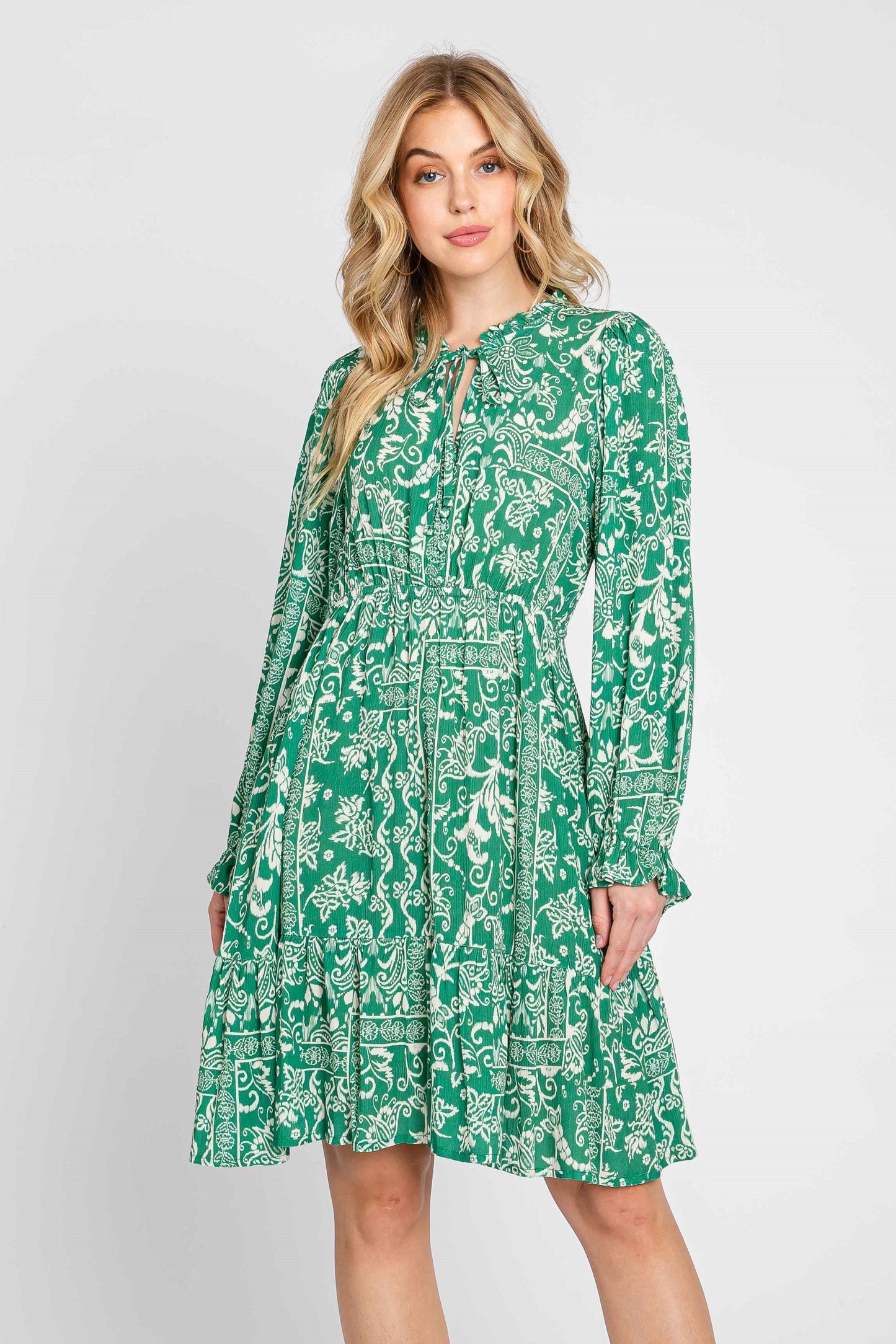 Green Paisley Floral Ruffle Neck Button Front Dress