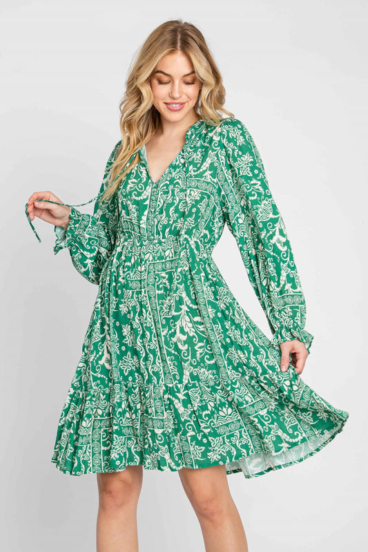 Green Paisley Floral Ruffle Neck Button Front Dress