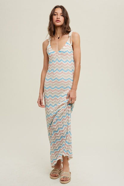 Cream Chevron Crochet Shoulder Tie Maternity Midi Dress