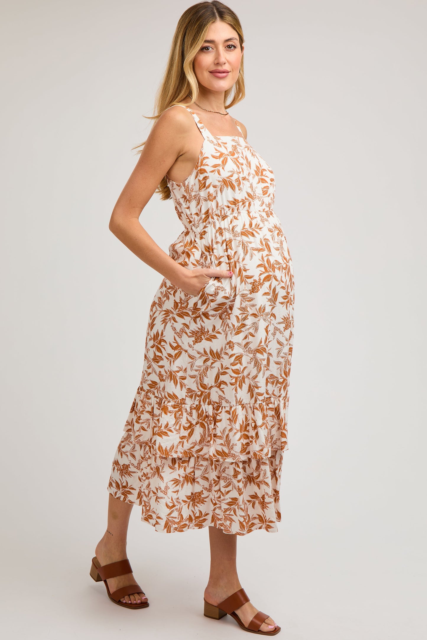 Camel Floral Sleeveless Ruffle Hem Maternity Maxi Dress