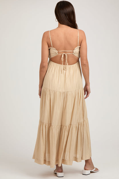 Beige Smocked Square Neck Back Cutout Tiered Maternity Midi Dress