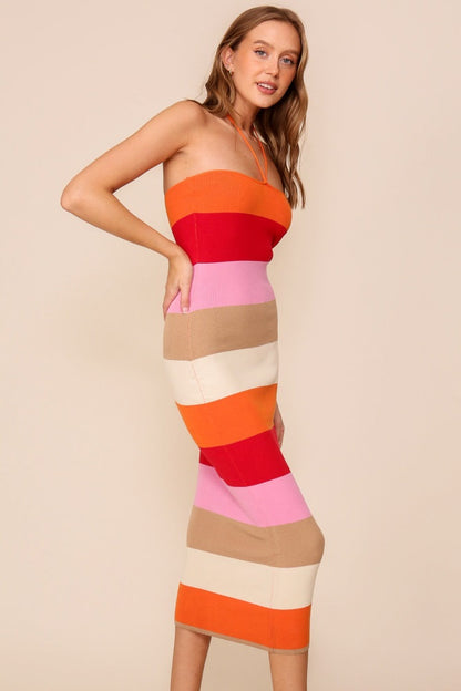 Orange Bodycon Halter Midi Dress