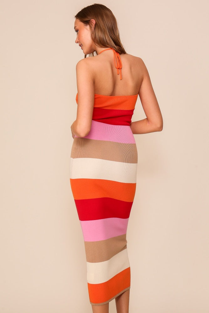 Orange Bodycon Halter Midi Dress